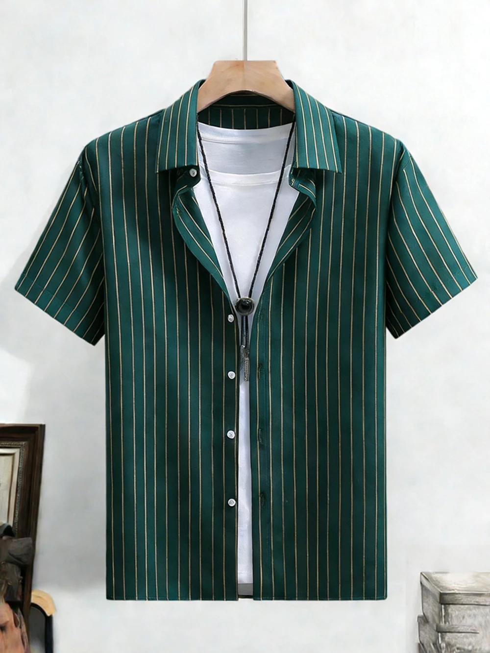 Men's Simple Business Formal Short-Sleeve Shirt Colorful Stripe High-Definition Printed Shirt Breathable Hawaiian Men's Clothing