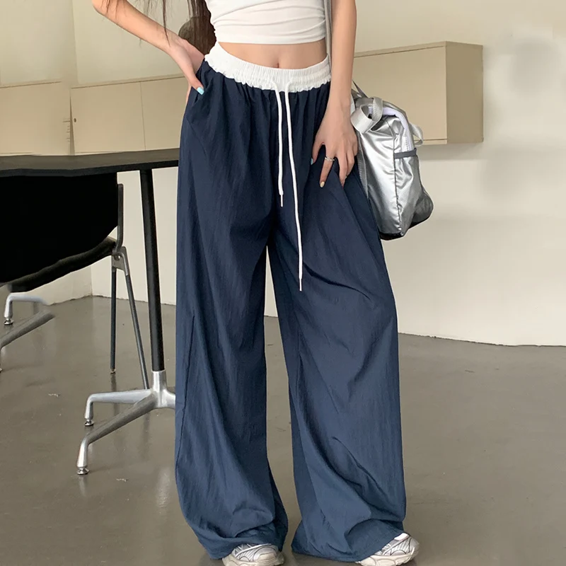 Streetwear Mix Color High Waist Baggy Pants Women Spring Summer Quick Drying Loose Trouser Woman Lace Up Wide Leg Sweatpants