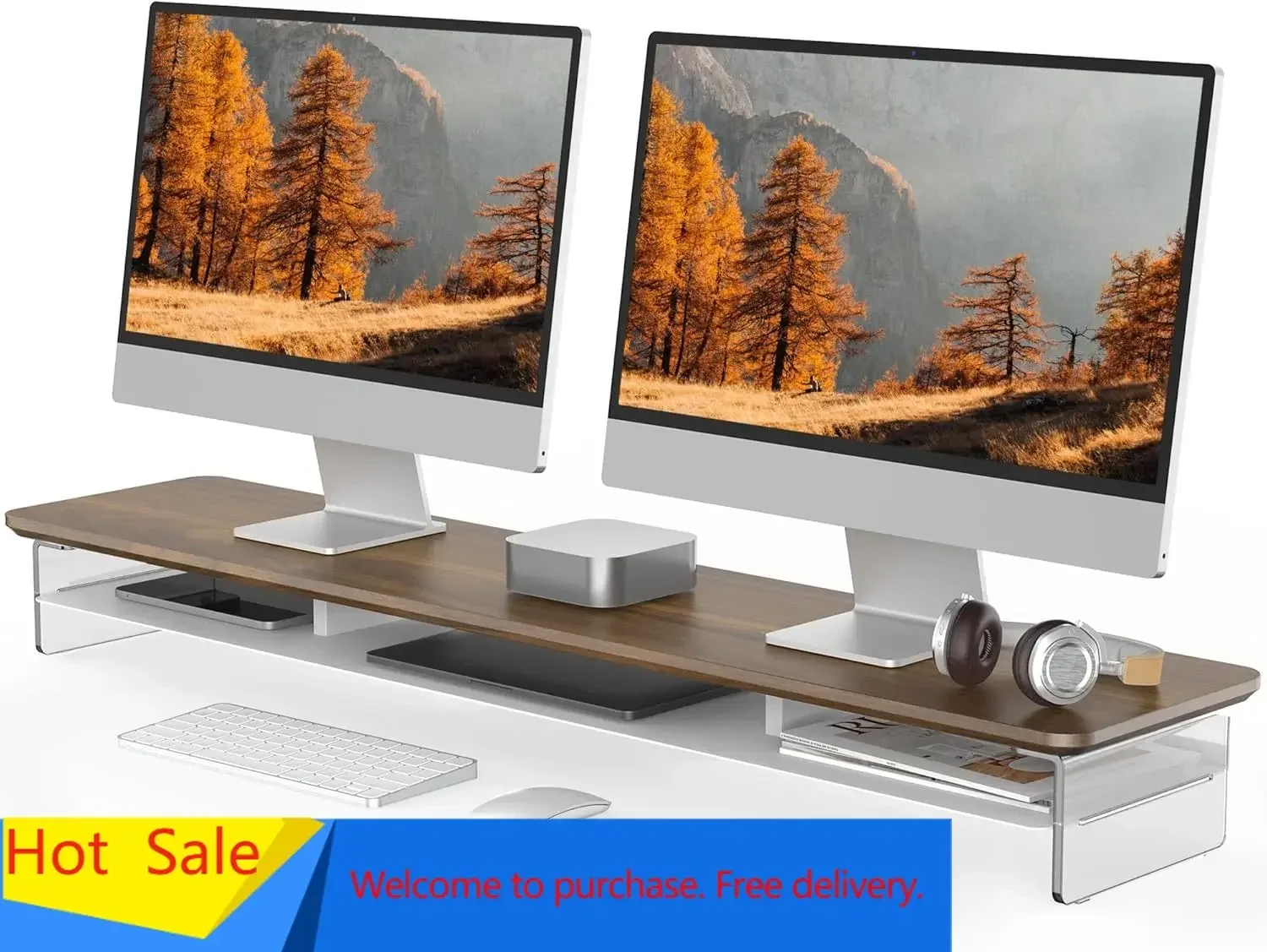 Acrylic Monitor Stand Riser, 42.5 Inches Dual Monitor Stand with Metal Storage, 2 Tier Acrylic Computer Riser for Desk, Clear La