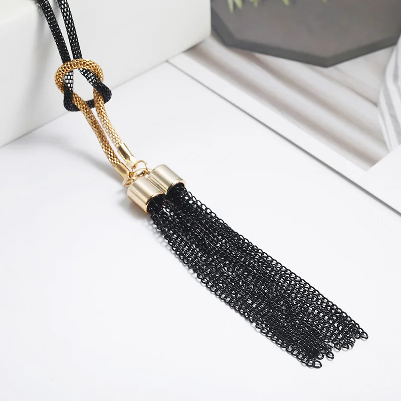 Nowe czarne wisiorki z frędzlami Naszyjnik damski Długi przesadny łańcuszek do swetra Wiele ogniw Hollow Chain Biżuteria na szyję dla kobiet