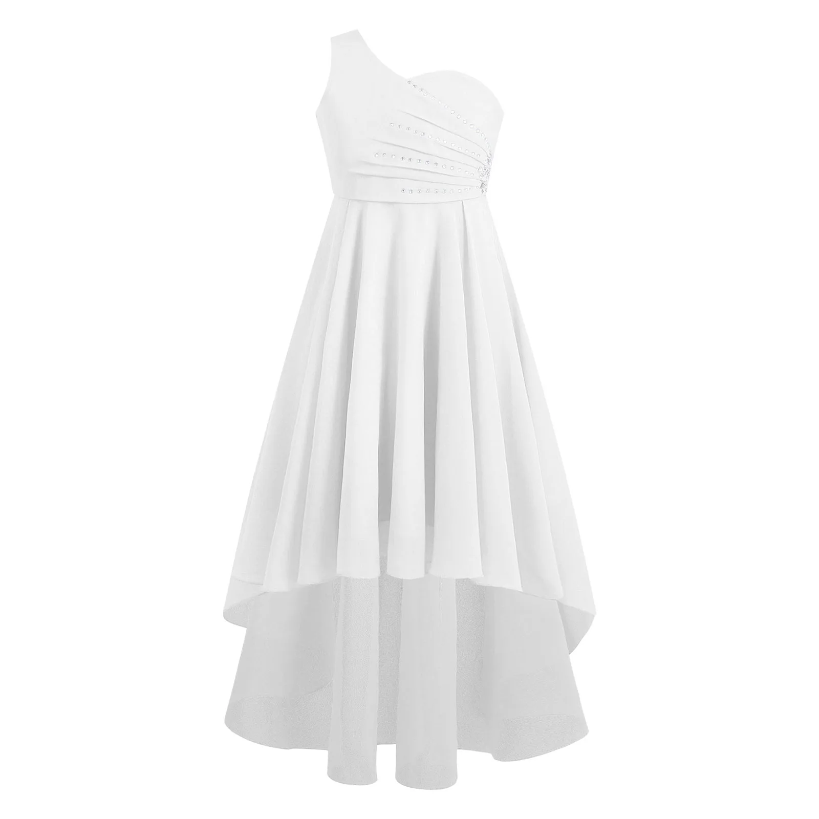 Elegant Kids Flower Girls Dress Sleeveless One Shoulder High-Low Chiffon Dress Wedding Birthday Party Gown Petite Robe Filles