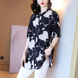 2024 Summer New Loose Large Size Printed Shirt Women's 3/4 Sleeves Covering Hips and Belly Middle Length Fashion Casual High End