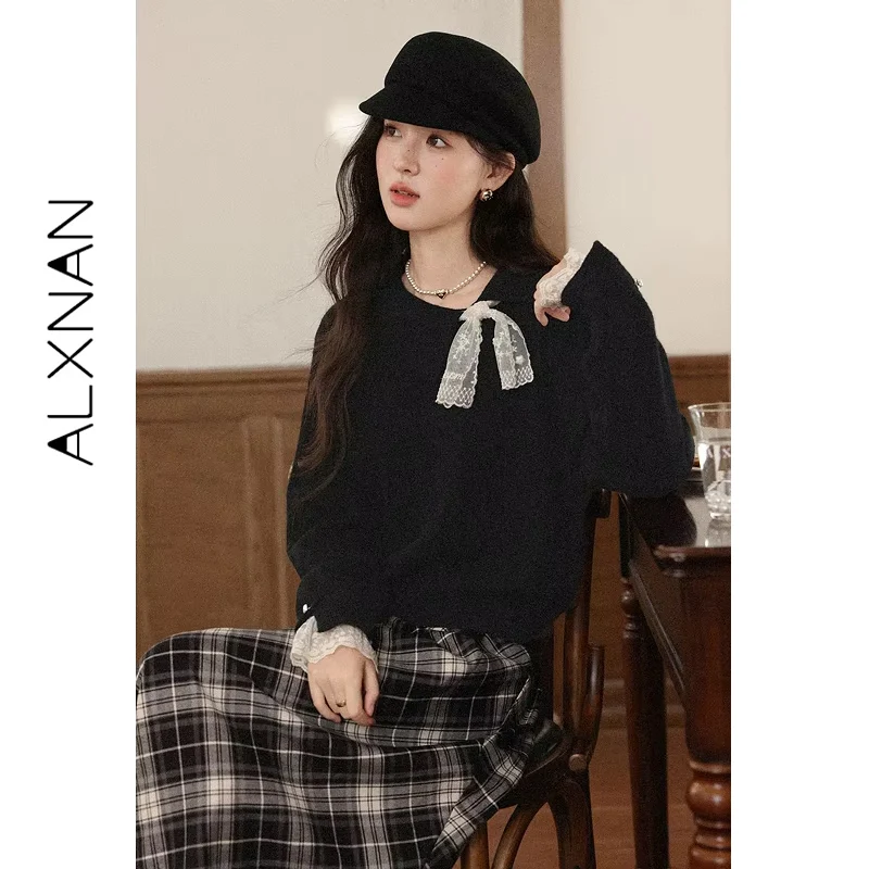 

ALXNAN Women's Sweater 2025 Autumn Black Casual Elegant Sweet Lace Stitching Pullovers Loose-fit Long Sleeve Tops Female L57319