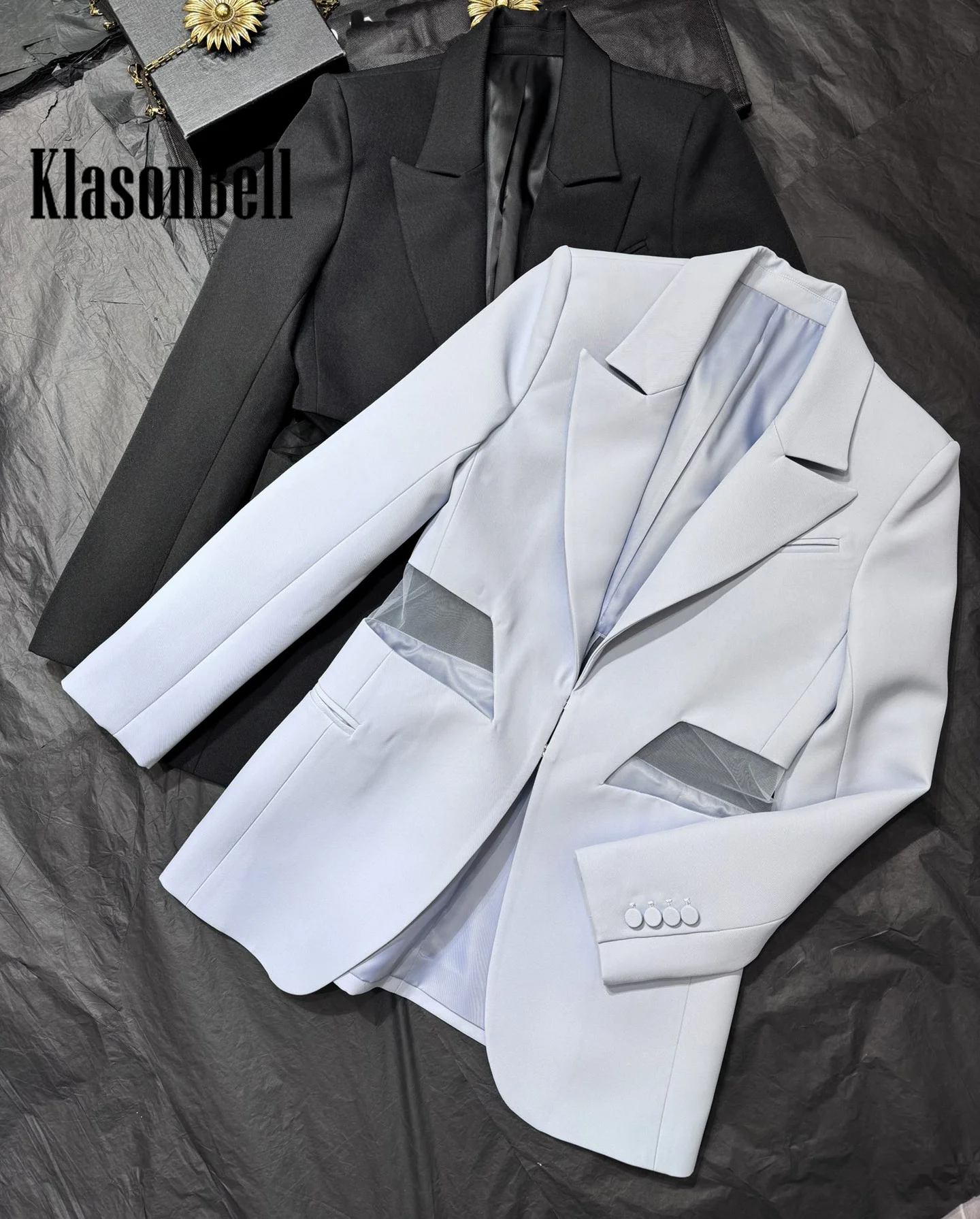 8.2 KlasonBell Women Fashion Personality Sheer Mesh Spliced Exposed Waist Blazer Lapel Collar Hook Buckle Collect Waist Jacket