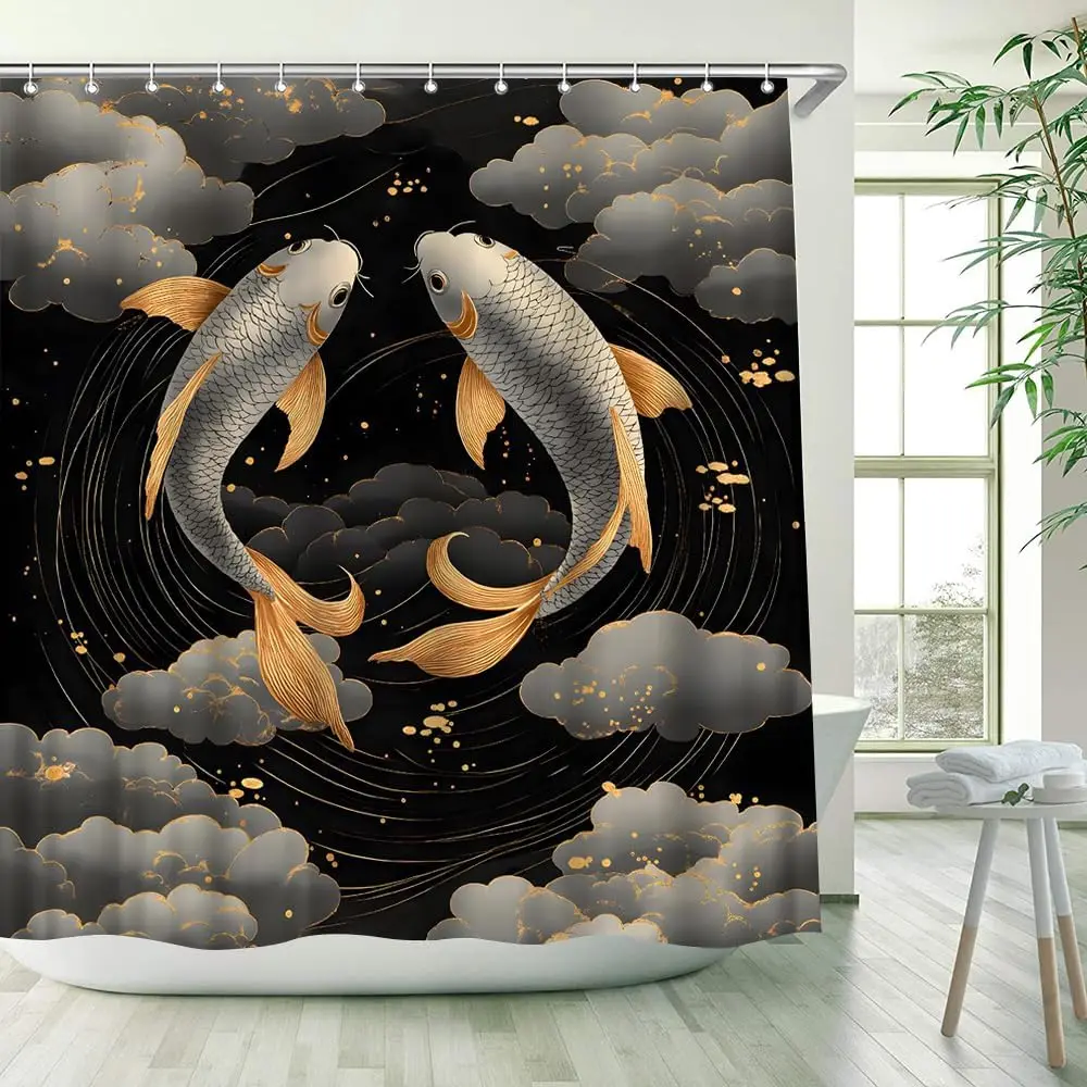 

Japanese Fish Shower Curtain Black and Gold Art Silver Fish Oriental Style with Clouds Abstract Asian Animal Bathroom Decor