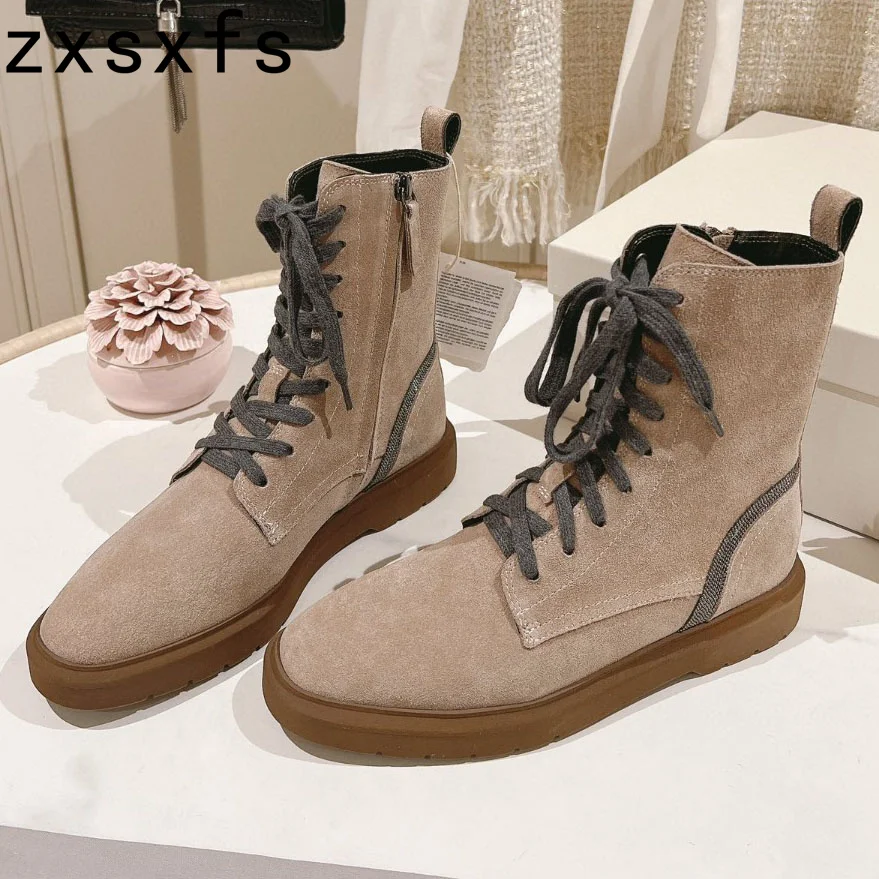 

Thick Sole Platform Chelsea Boots Quality Suede Leather Lace Up Mid Calf Short Boots Winter Flat Knight Boots Women 2024