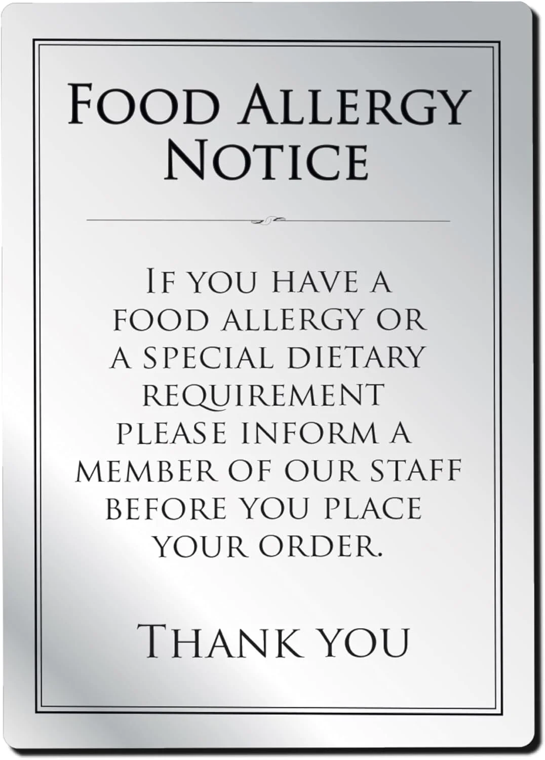 Food Allergy Notice Board Aluminum Composite Panel for Pubs or Restaurants Wall Sign  Warning Sign