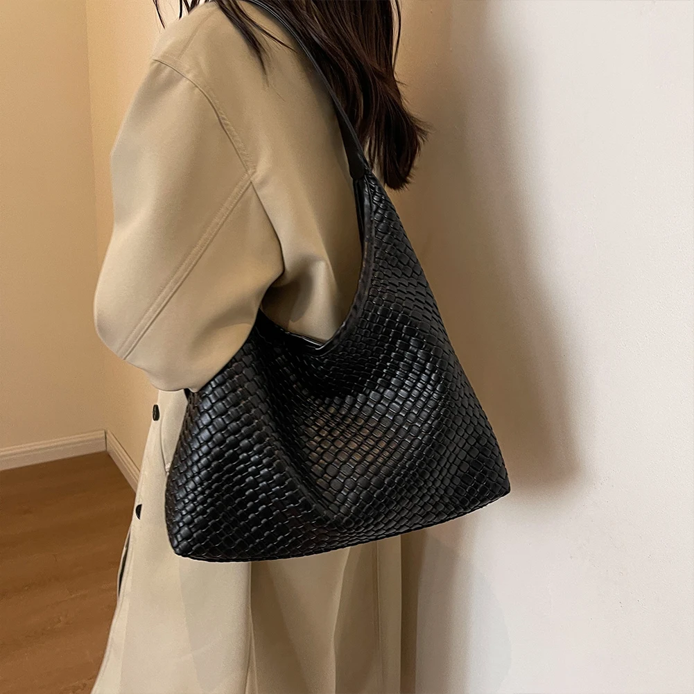 

Women Large Shoulder Bag with Pouch PU Woven Tote Bag Trendy Satchel Hobo Bag Leather Armpit Handbag Shopping Bag