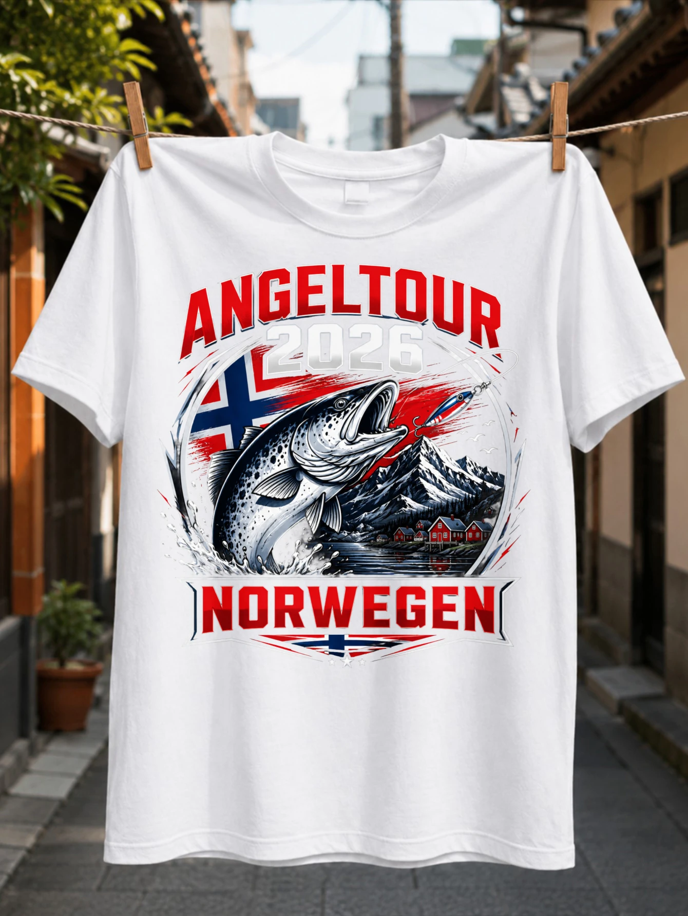 German Angeltour 2026 Norwegen Jumping Fish Lure Fl-ag Snowy Mountains and Red Cabins Fishing  Unisex All T-Shirt