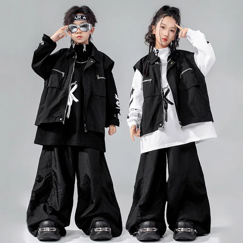 Hip Hop Tanzkostüm Kinder Schwarz Jazz Performance Outfit Oversize Top Shuffle Hose Jungen Mädchen Mode Street Dancewear 4612