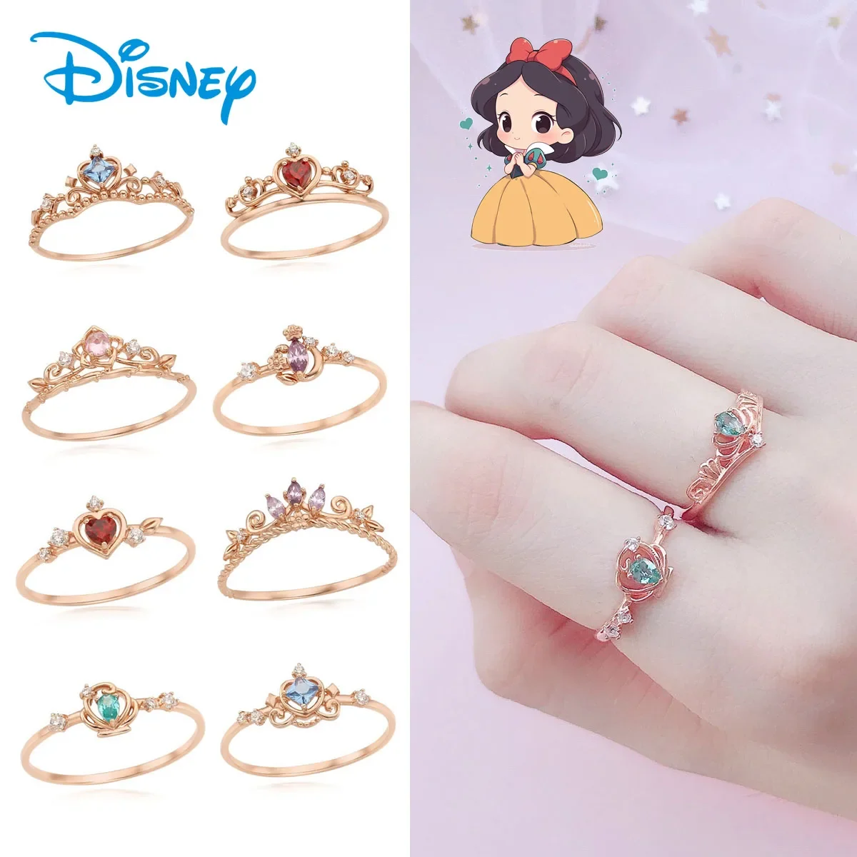 

Disney Princess Collection Adjustable Rings Snow White Cinderella Ariel Cartoon Jewelry Ring Designer Wedding Brand Accessories