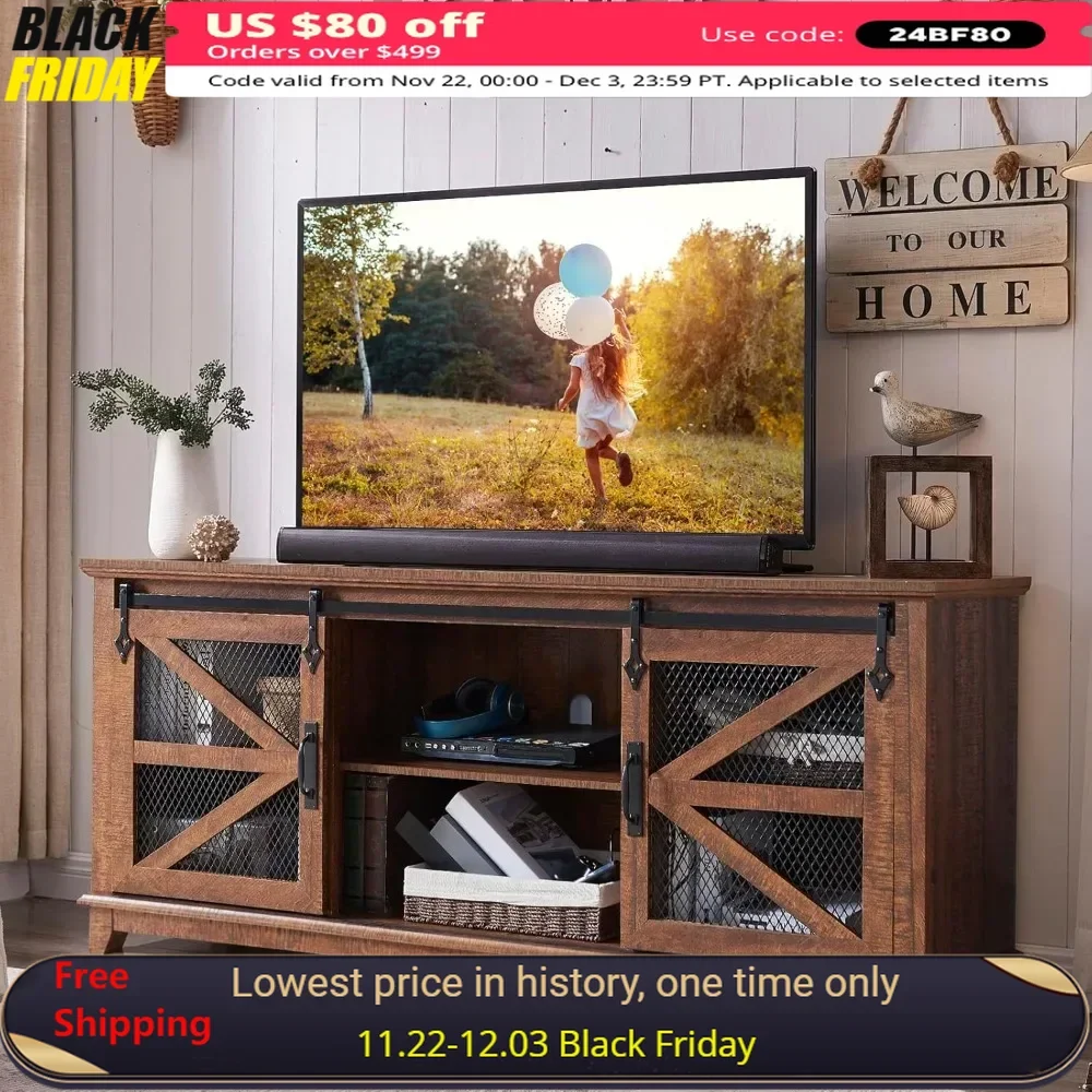 TV Stand with Sliding Barn Door, TVs Console Cabinet with Adjustable Shelves, TV Stand