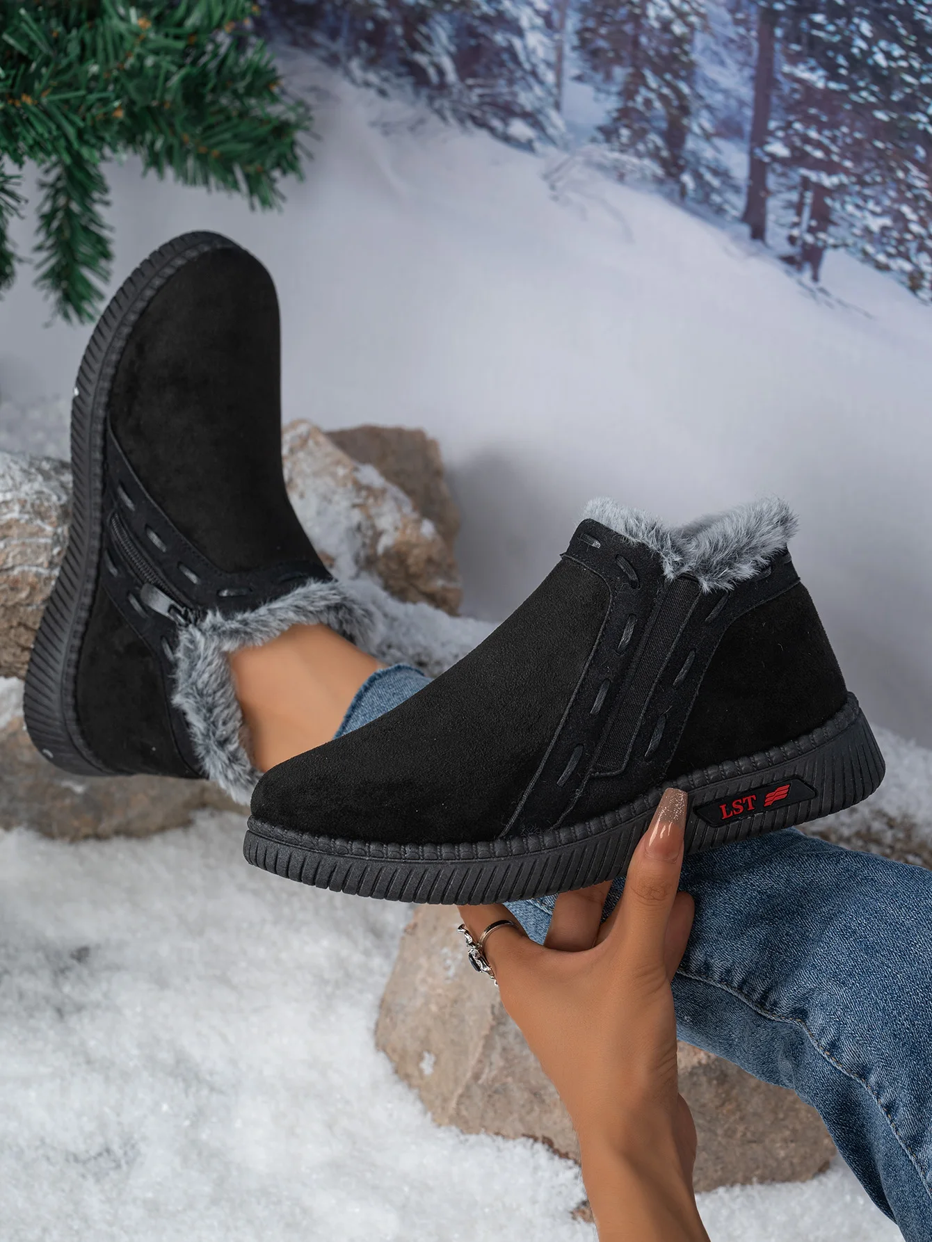 Damen-Winterstiefel Braun Damen-Knöchelstiefel mit seitlichem Reißverschluss, warm gefüttert mit Fleece, rutschfeste flache Schneestiefel für den täglichen Outdoor-Gebrauch. – Detail 16