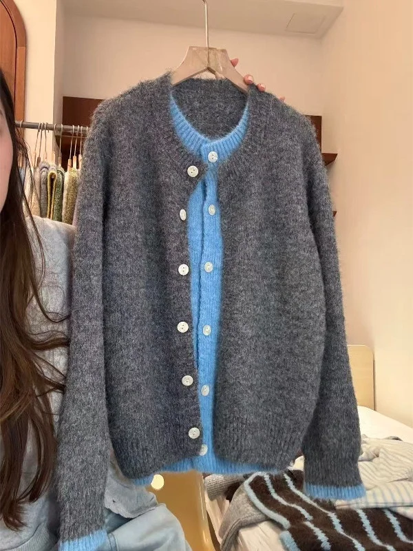 

Retro Color Blo Knitted Cardigan Women's Autumn Winter Faion Mermaid Inner irt ey Sweater Jaet Trendy Fake Two-Piece