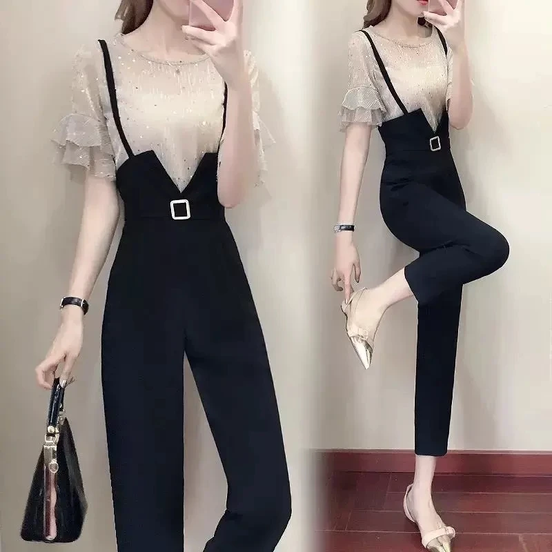 Overalls Women Outfit Spring Summer Fashion New Korean Jumpsuit 2PCS Office Ladies Straight Black Suit Thin Rompers Pants Sets