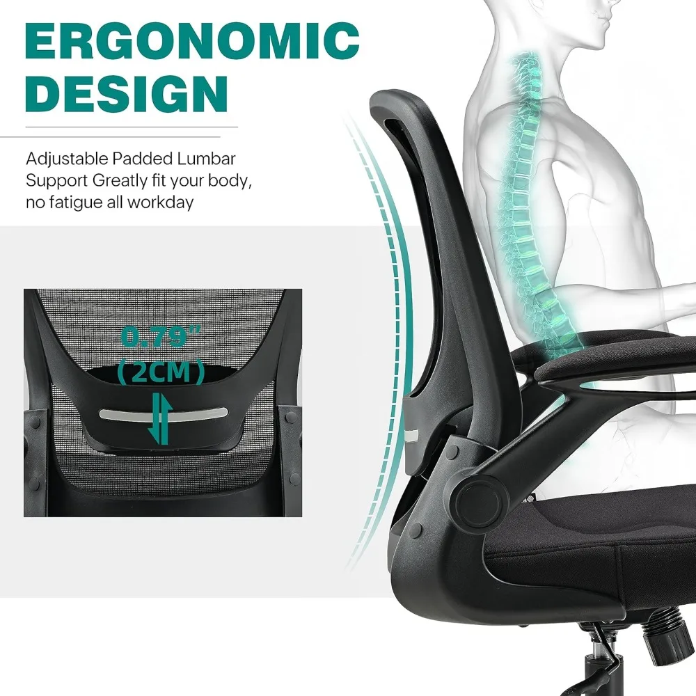 كرسي مكتب شبكي مريح من EUREKA، كرسي مكتب مريح مع دعم قطني قابل للتعديل، كرسي للمكتب - مساند للذراعين قابلة للطي، Brea