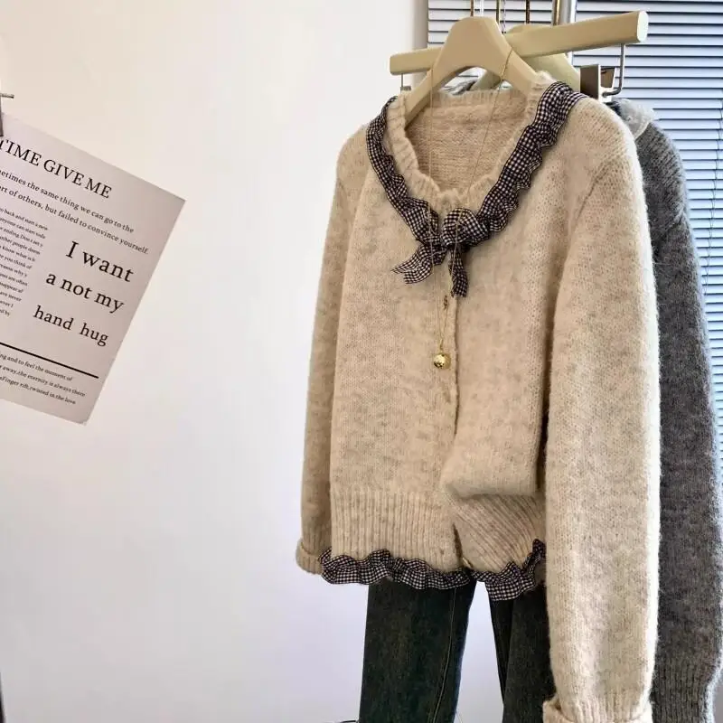 knitted tops Hot Style Fashion Gray design Korean plaid collar bow sweater cardigan women's spring age-reducing temperament