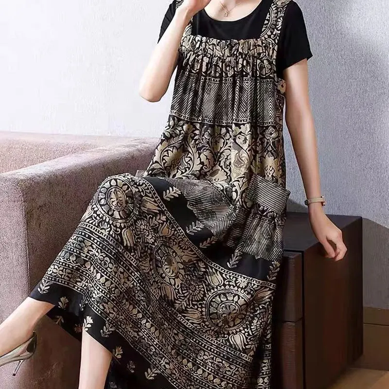 Summer Folk Printed Matching Sets Vintage Two Piece Set Women\'s Clothing Stylish Pockets Patchwork A-Line Loose Long Dress Sets