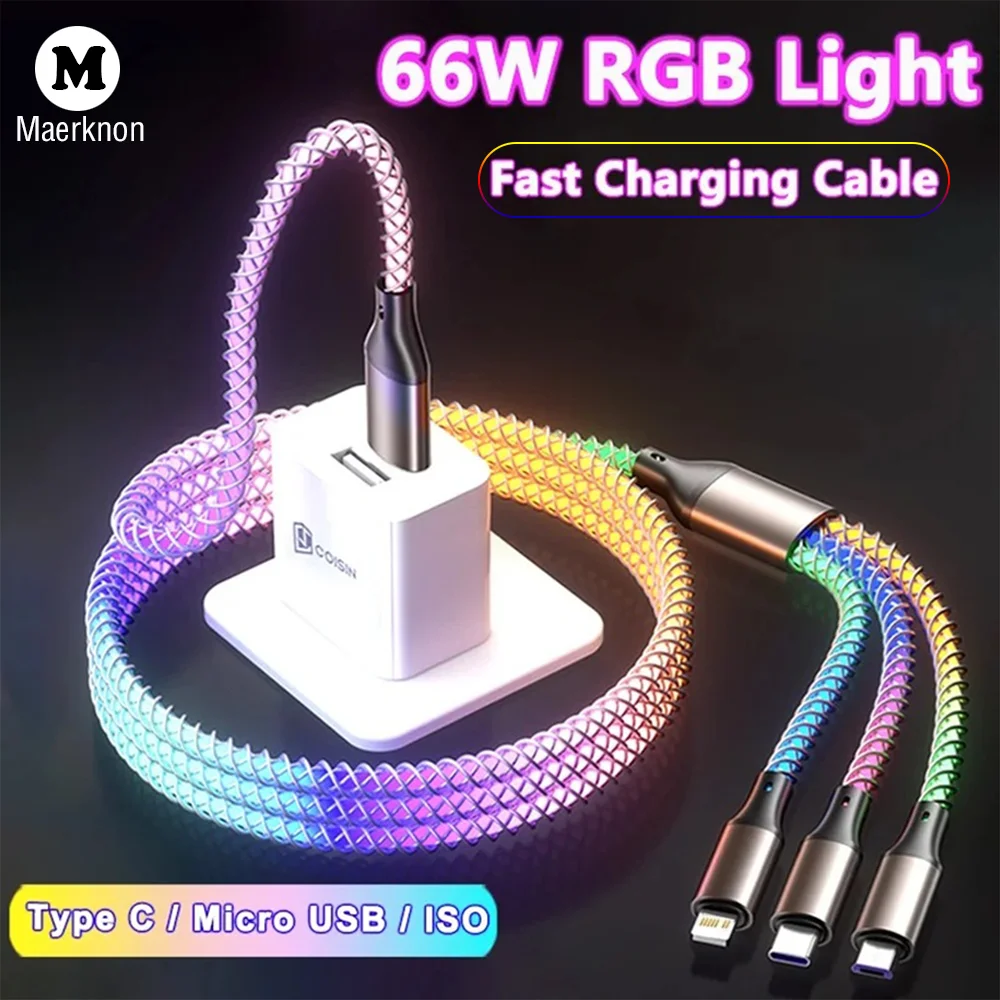 

66W 3 In 1 RGB Light iPhone/Type-C/Micro Fast Charging Cable 1.2M 6A Mobile Phone Cable For iPhone 16 Huawei Xiaomi 15 Samsung