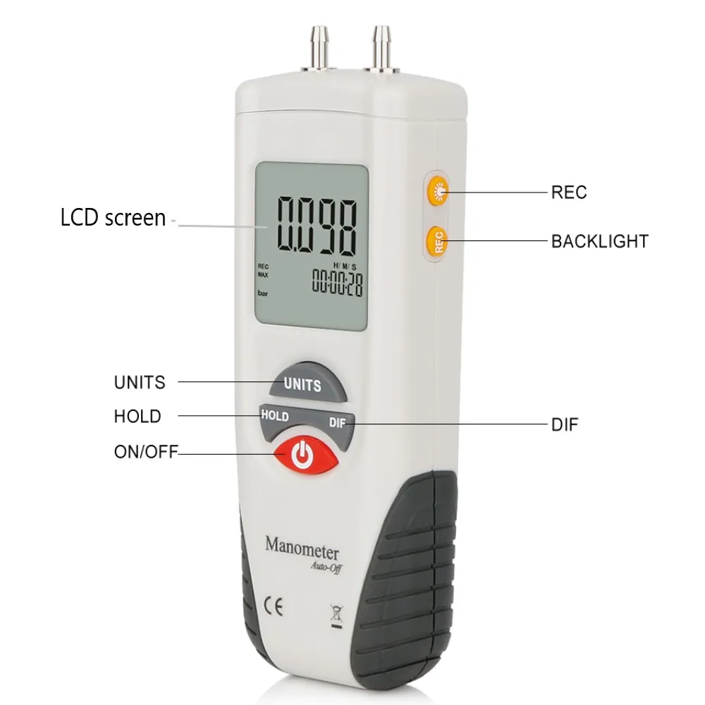 RZ Digital Manometer Air Pressure Gauge Meter Air Pressure Differential Gauge Data Hold Medidor Presion +/-13.79Kpa HT1890 LCD