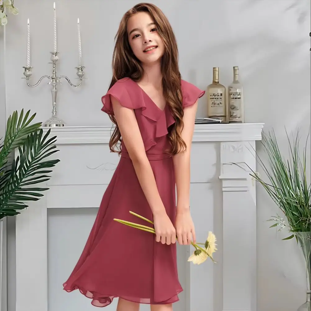 GFH Kids A-Line V-Neck Chiffon Junior Bridesmaid Dress Blush Flower Girl Dress Asymmetrical Summer Party Gown Cascading Ruffles