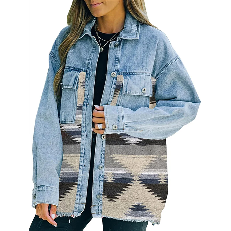 

【HAPPYH】Women's Loose Lapel Long-Sleeved Denim Patchwork Jacket Retro Raw Edge Mid-Length Jacket