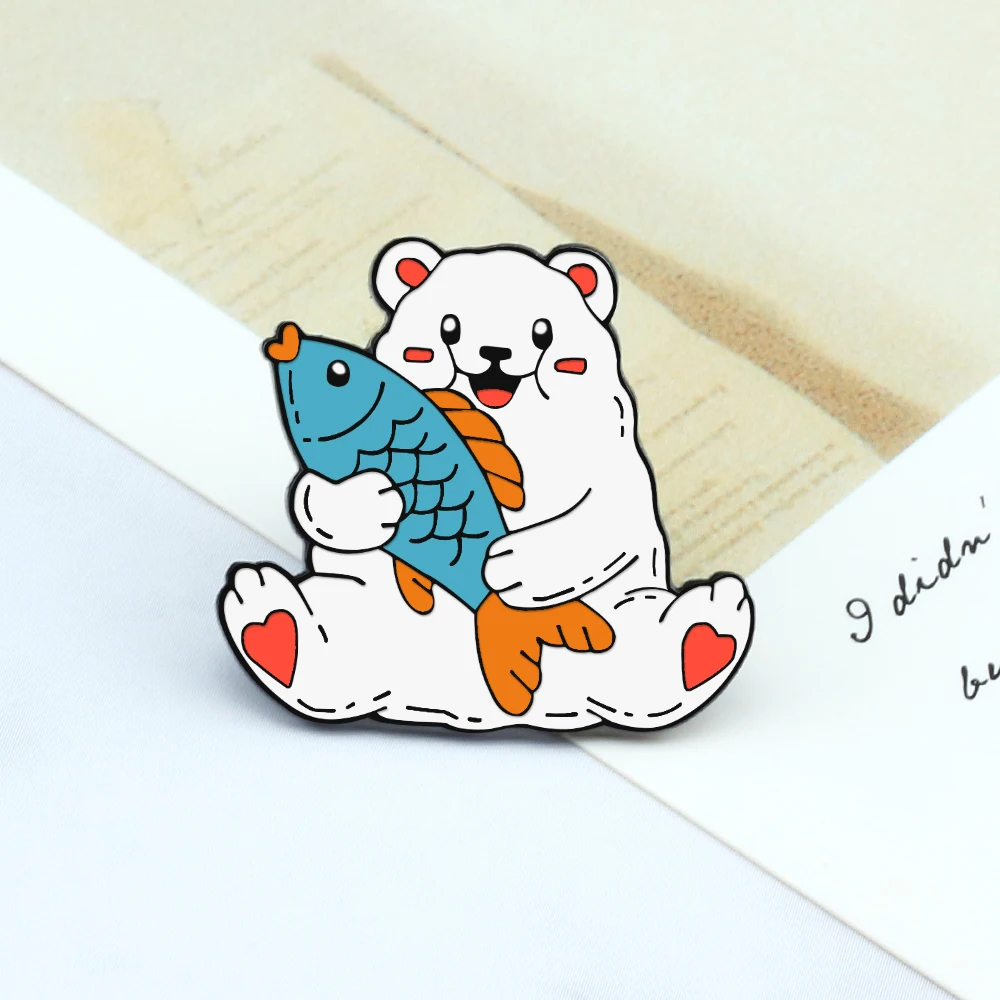 Happy Polar Bear Hugging Fish Cartoon Brooches Pins Cute Big White Bears Sitting Enamel Badges Denim Lapel Pin Kids Jewelry Gift