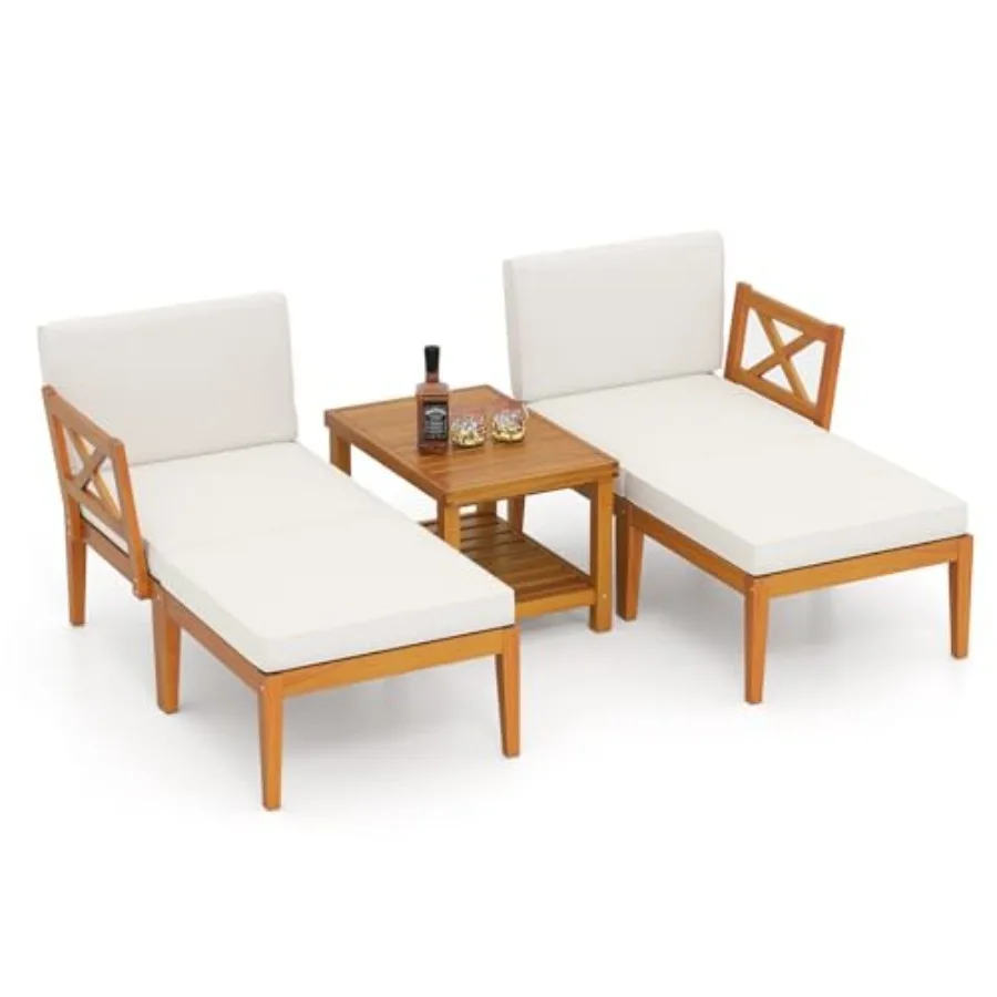 

5 Pieces Acacia Wood Patio Chaise Lounge Chair Set with Ottoman, Outdoor Patio Furniture Set with Cushions and 2-Tier Coffee Ta