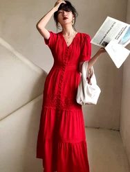 Gypsylady Vintage Boho Women Maxi Dress Summer Holiday Red Sexy White Lace Cotton Tunic Long Beach Tiered Ladies Dress Vestidos