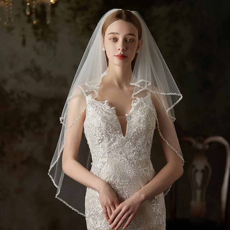 

V769 Bridal White Handmade Veil Two-Layer Plain Tulle Pearls Beading Fingertip Bride to Be Headdress Veil for Wedding Dress