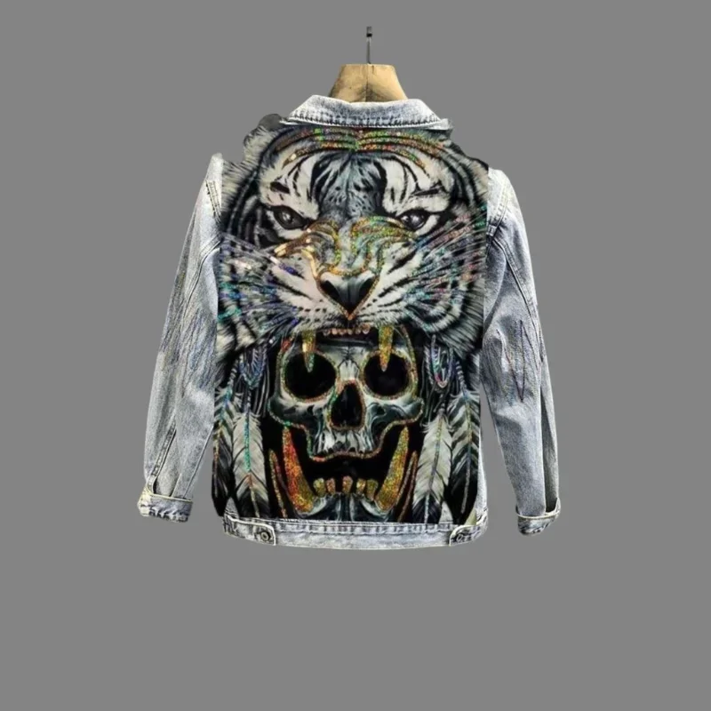 Men's Cyberpunk Denim Jacket Vintage Washed Tiger Skull Bone Harajuku Destroy Heavy Metal Streetwear Motorcycle Jeans Jacket Men