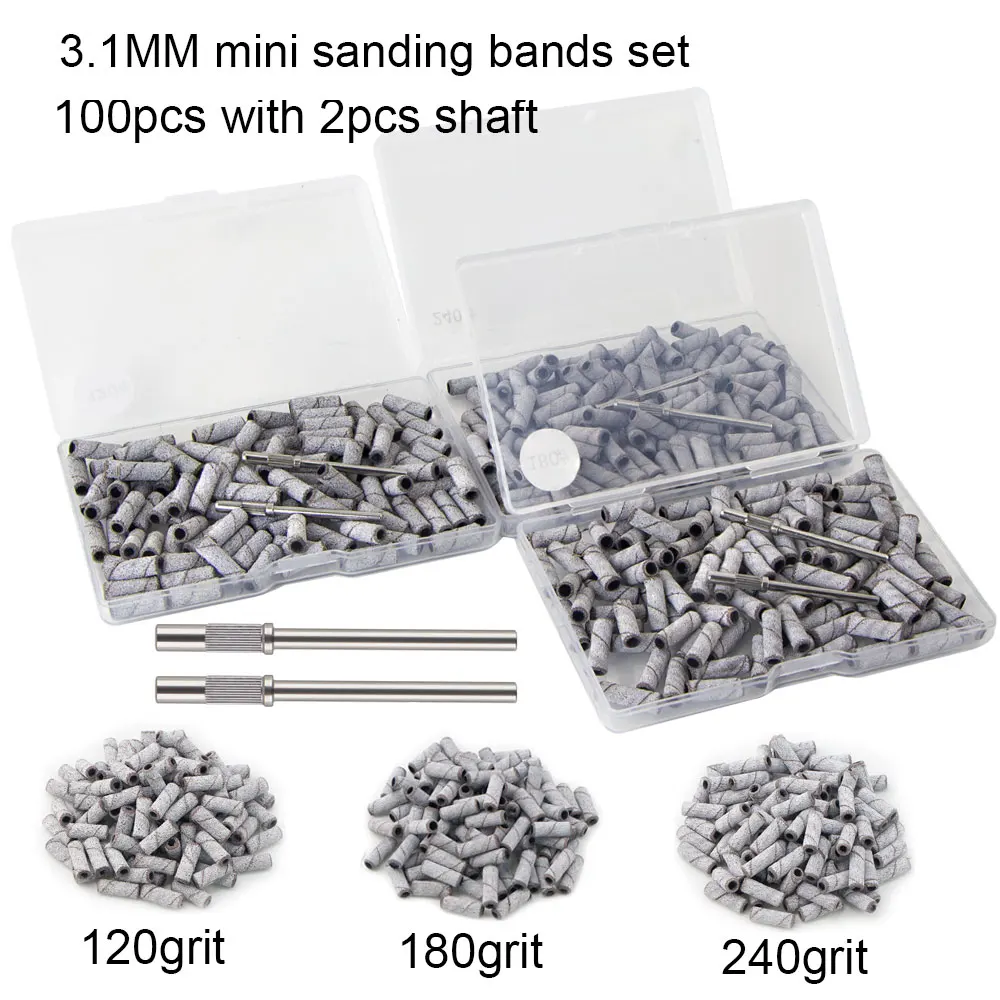 100 Uds. Mini bandas de lijado pequeñas de 3,1mm con 2 uds. Juego de brocas de mandril para quitar esmalte de uñas accesorios de herramientas de Gel