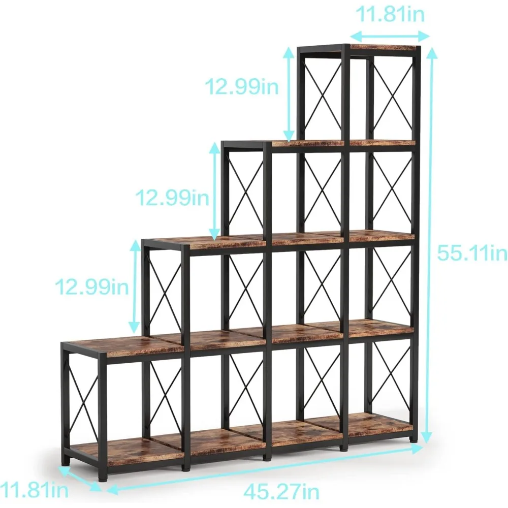 12 Shelves Bookshelf, Industrial Ladder Corner Bookshelf 9 Cubes Stepped Etagere Bookcase, Rustic 5-Tier Display Shelf Storage