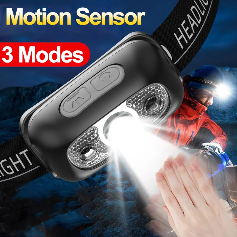 Mini Portable LED Headlamp 3 Modes Motion Sensor Headlight USB Charging Bright Lights Lamp Waterproof Camping Fishing Head Torch