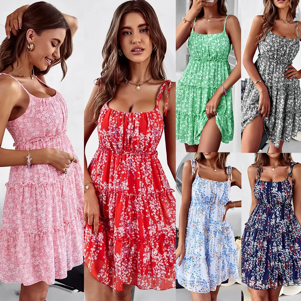 Women Sleeveless strapless Boho Floral Printed Medium Dress for Summer