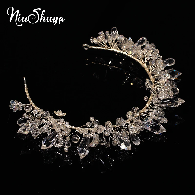 

NiuShuya Sparkling Clear Crystal Hairband Handmade Beading Wedding Crown Accessories