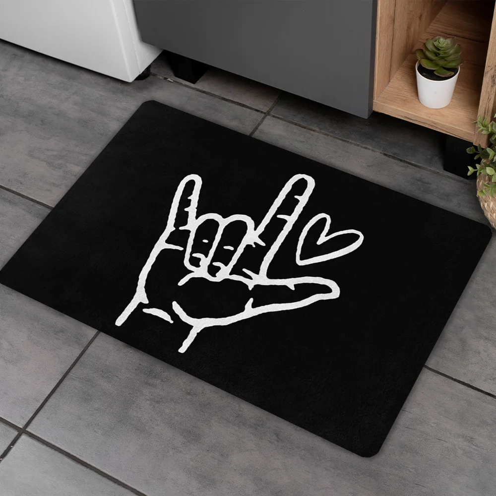 Love Hand Gesture Floor Mat 1pc – Black White ASL Sign with Heart, Playful Indoor Doormat for Entryway and Living Room