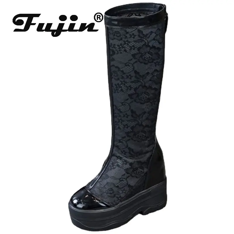 

Fujin 10cm 12cm Air Mesh Women Boots Platform Wedge Heel Knee High Shoes Zip Punk Fashion Boots Summer Lace Ladies Hidden Heels