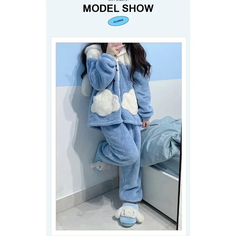 Sanrio Cinnamoroll Hooded 2 Pcs Pyjama Sets for Women Y2k Warm Soft Plush Thickened Winter Long Loose Pajamas Soft Homewear