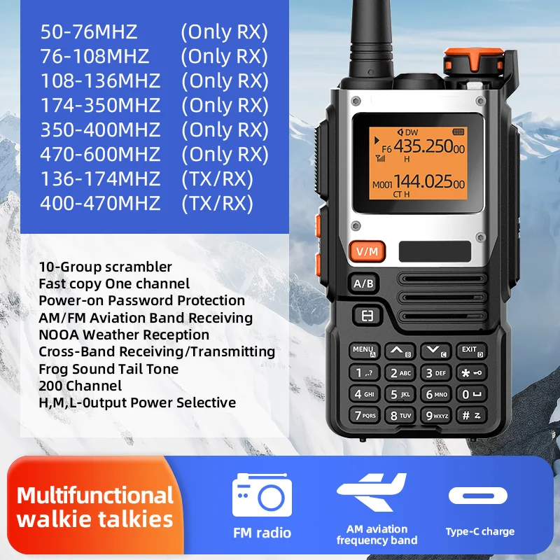 BAOFENG UV-K6 K5[8] 5R Walkie Talkie 15W Radio 999CN Weather Alarm UHF Charging, VHF, DTMF, FM, Six Band One Click Copy 50KM USB