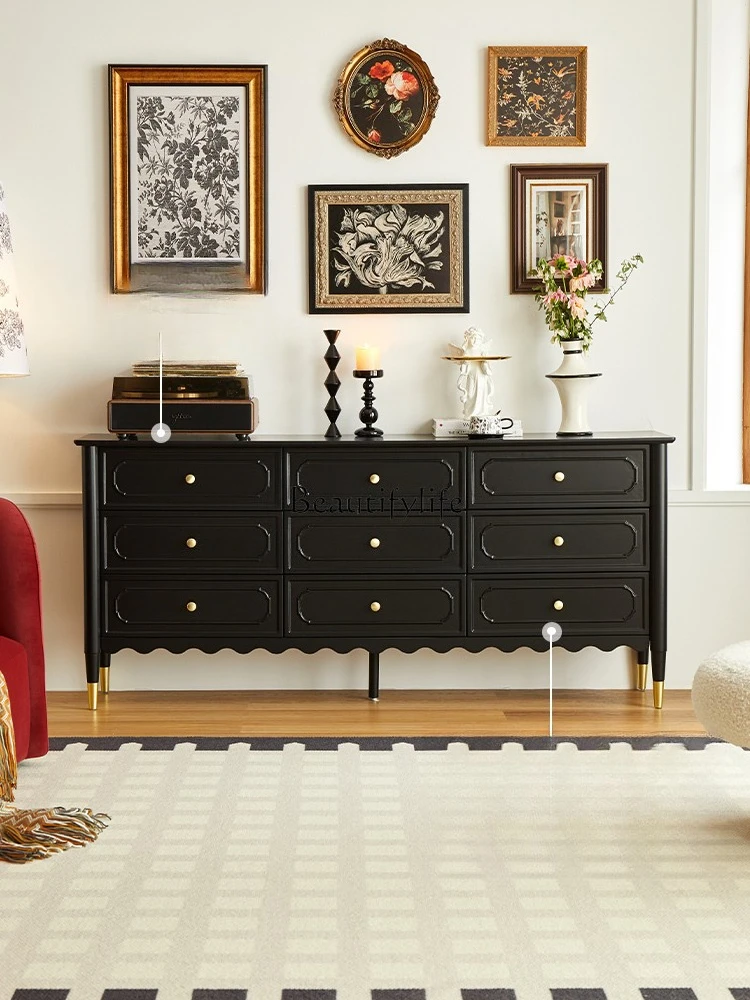 

French retro nine-bucket cabinet solid wood six-bucket living room black drawer cabinet