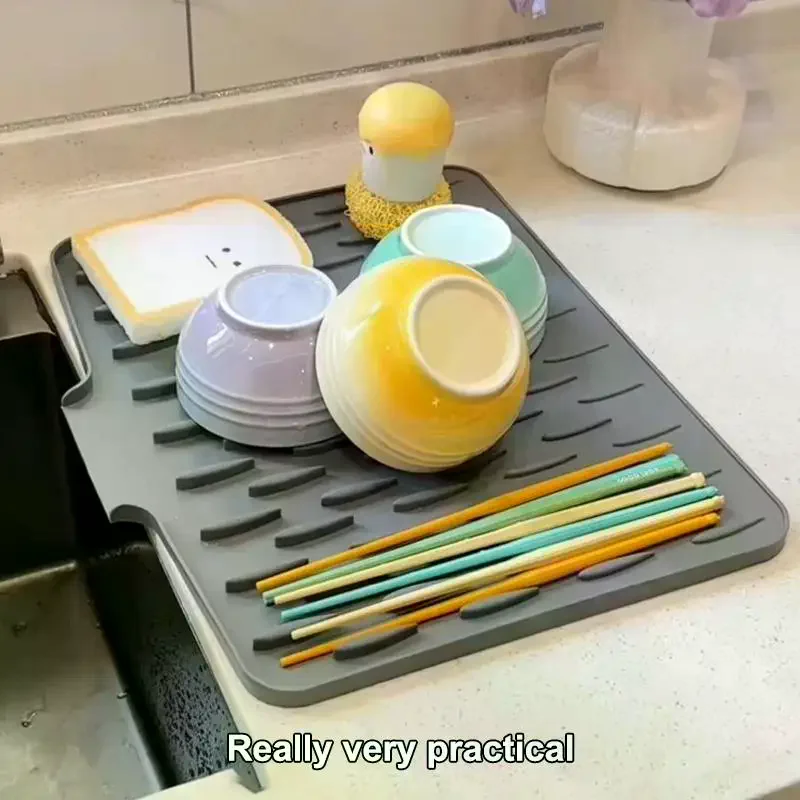 Silicone Dish Drying Mat With Tilted Design For Efficient Water Drainage, Heat-Resistant & Non-Slip Kitchen Counter Protector