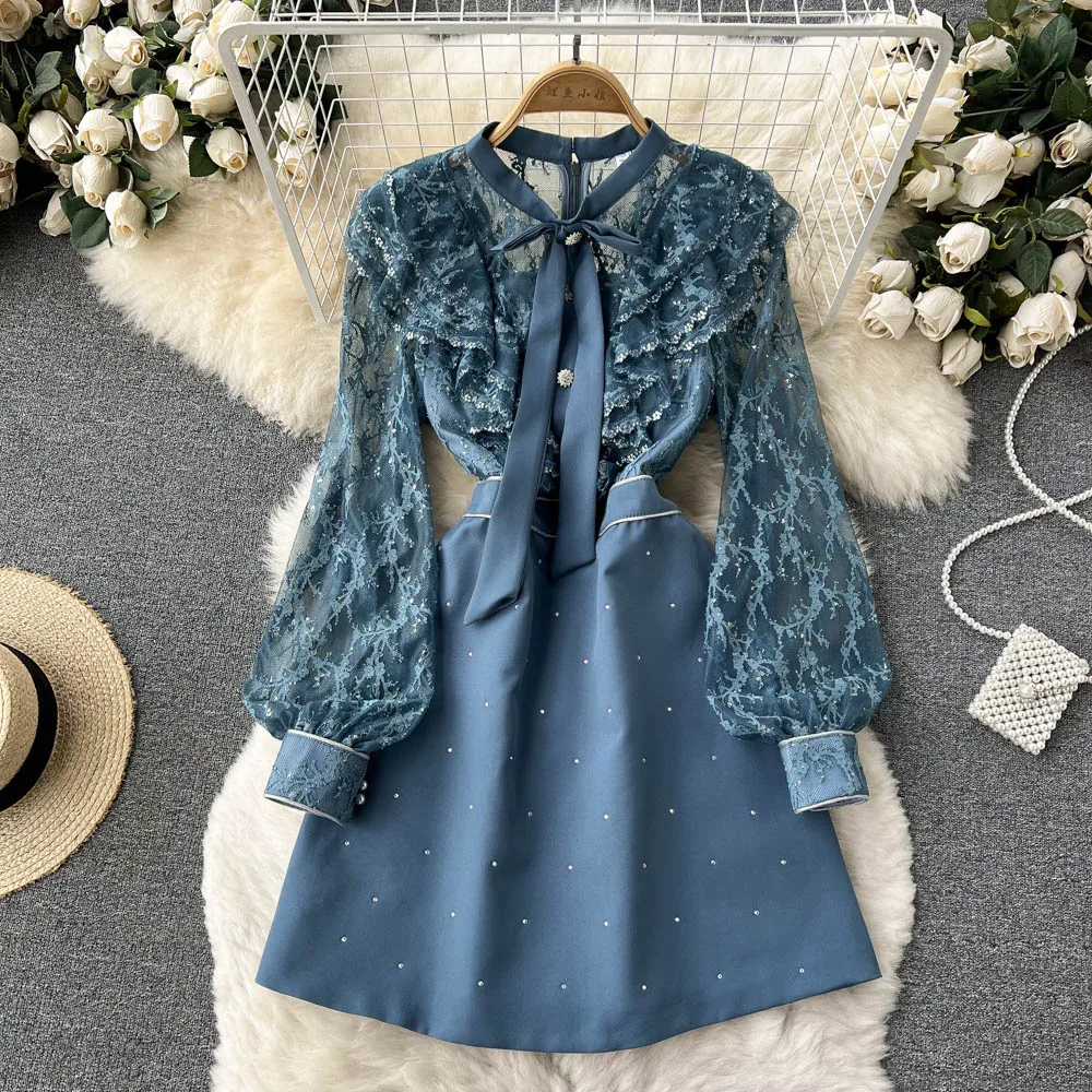 Vintage Mesh Spliced Long Sleeves Elegant Butterfly Bandage Neck Chic Rhinestone Slim Dresses French High Street Autumn Clothing