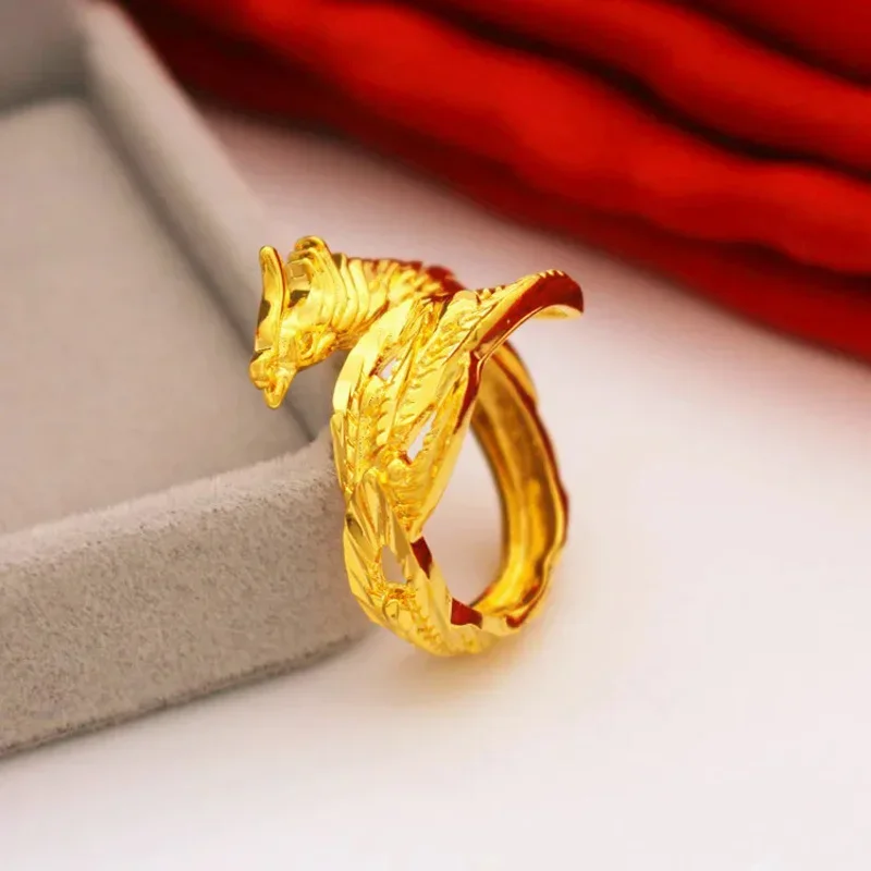 Anillo de oro puro 999 de alta calidad para hombre y mujer, sortija con diseño de dragón Fénix, pareja, boda, joyería fina