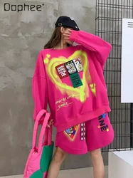 Korean Oversized Graffiti Sweatshirts + Shorts Two-piece Sets Womens Outfits Fashion Casual Sports Suit Female Five-point Pants