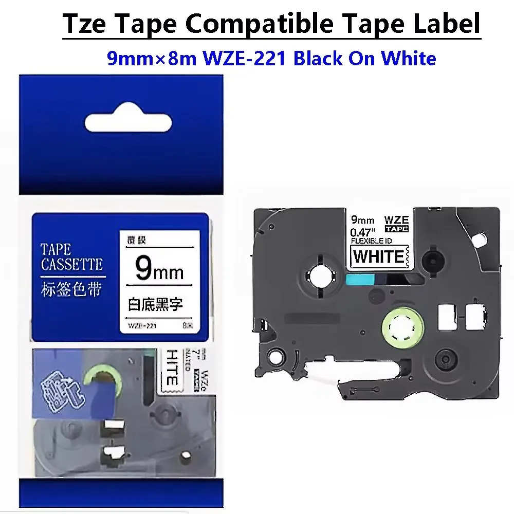 

NEW Tz TZE-221 Tape Compatible Wze-221 BLACK ON White Label Tape 9mm Labeling Ribbon For Ptouch Label Maker PTH110PT