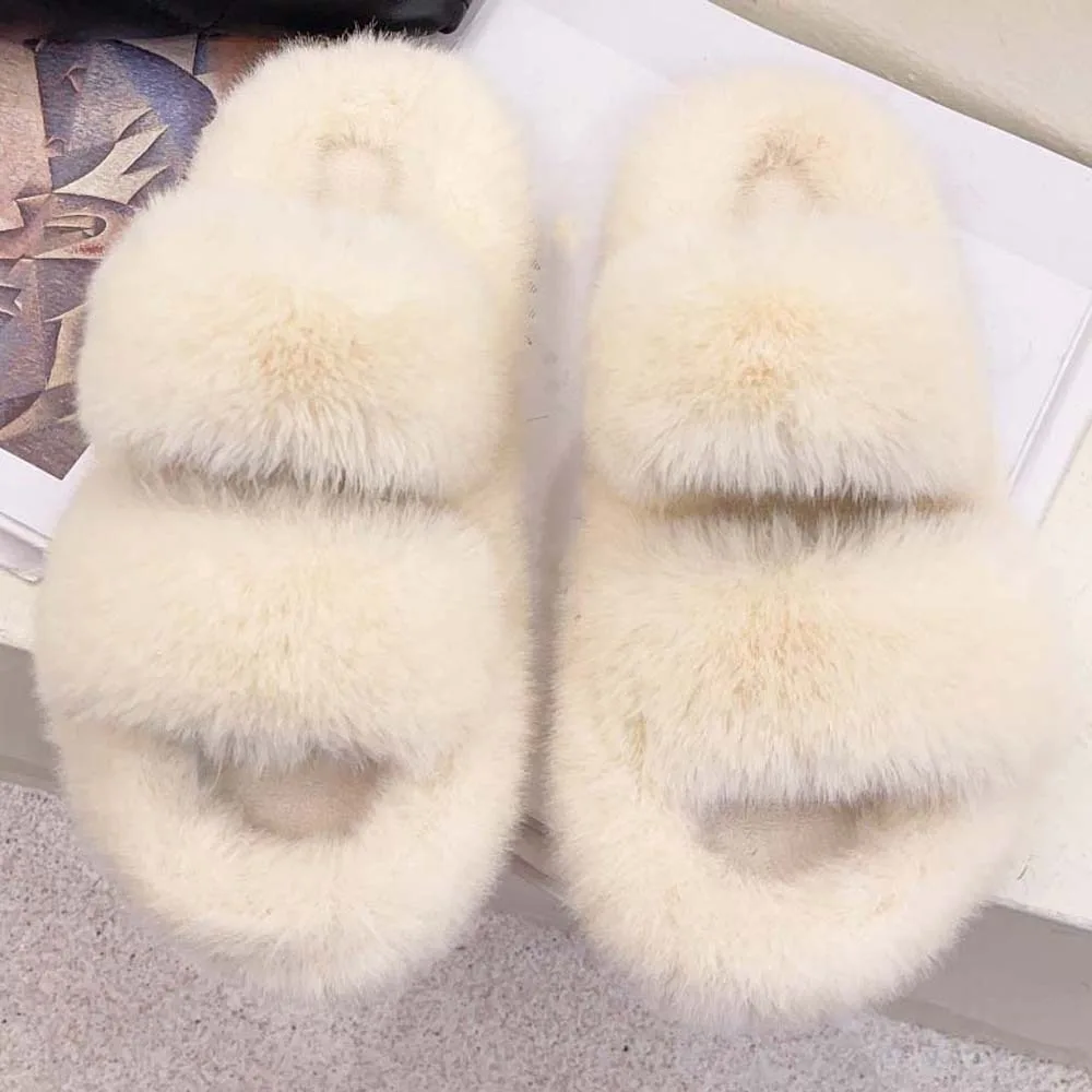 

Soft Winter Open Toe Slippers Double-bar Anti-slip Plush Cotton Slippers Furry Thickened Warmer Home Cotton Shoes Cold Weather