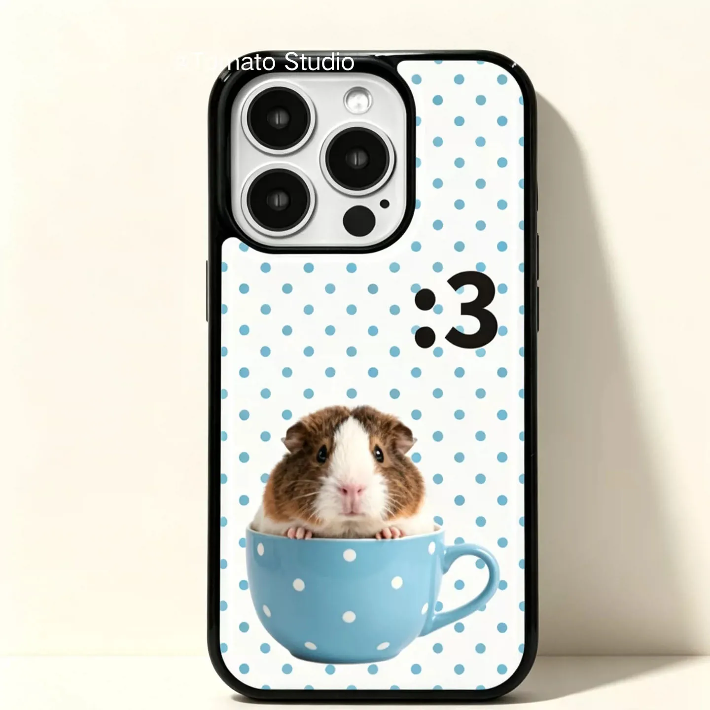 Korean INS Cute Guinea Pig Blue Polka Dot Teacup Phone Case For iPhone 18 17 16 15 14 13 12 11 Pro XR XS Max Plus Matte Cover