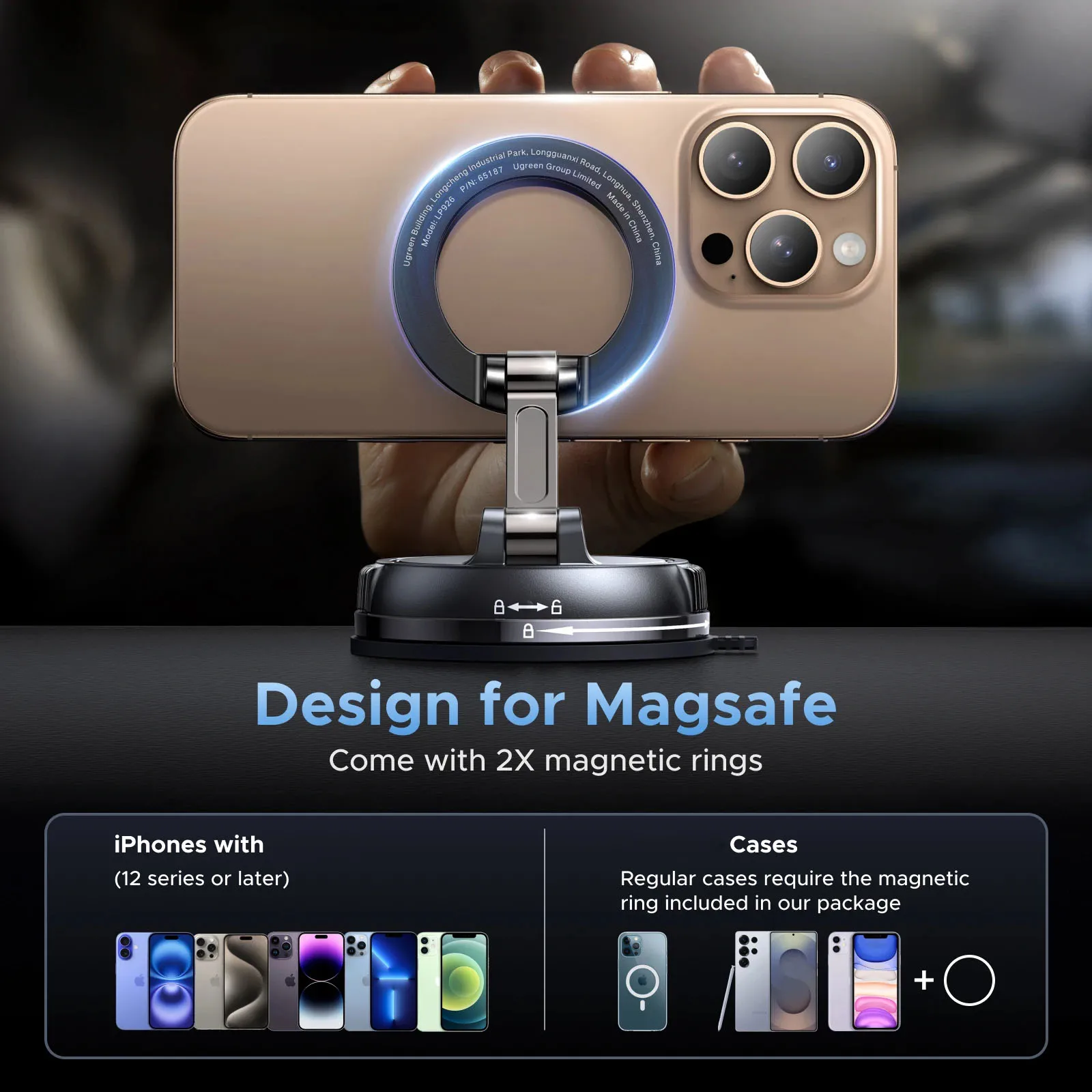 Vakuum-Magnet-Auto-Handyhalterung mit Nano-Gel-Pad – 360 ° Verstärkte 96LBS Ultra-Saugnapfhalterung für MagSafe-Handys – Detail 1