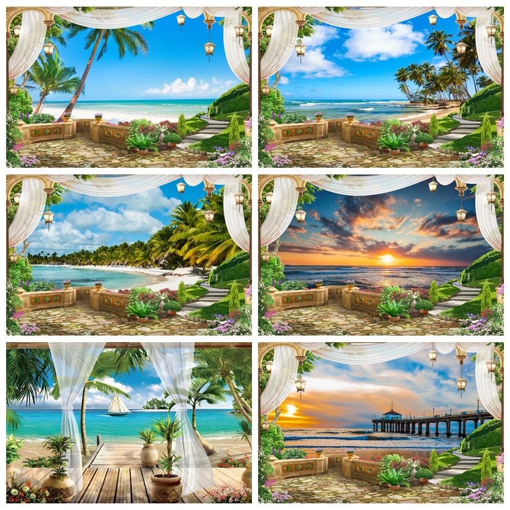 

Summer Sea Landscape Backdrop Seaside Beach Balcony Tropical Palm Tree Castle Natural Photography Background Decor Photo Studio